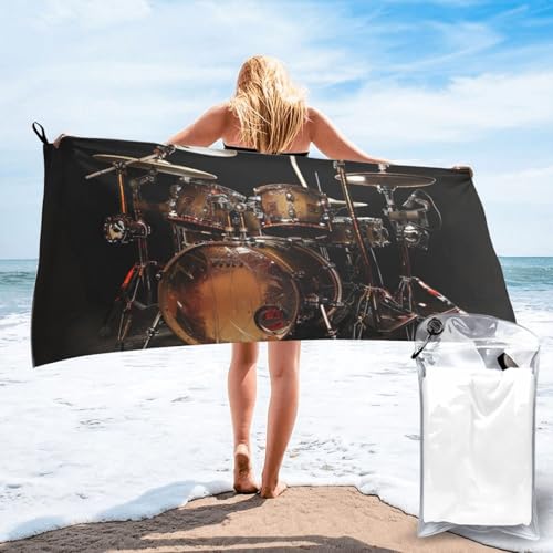 JTNWEC Cooles Drum-Set druckt schnell trocknendes Strandtuch, 140 x 70 cm, Mikrofaser-Handtuch, Decke, sandfrei, weich, saugfähig, Badetücher mit PVC-Tasche von JTNWEC