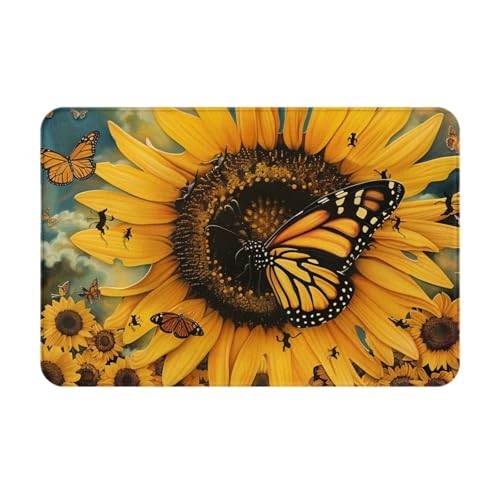 JTNWEC Fußmatte mit Schmetterlings- und Sonnenblumen-Motiv, weich, 40,6 x 61 cm, rutschfester Eingangsteppich, Bodenmatten für Küche, Badezimmer, Böden von JTNWEC