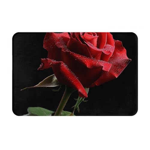 JTNWEC Fußmatte mit rotem Rosen-schwarzem Hintergrund, weich, Willkommensmatte, 40,6 x 61 cm, rutschfester Eingangsteppich, Bodenmatten für Küche, Badezimmer, Böden von JTNWEC