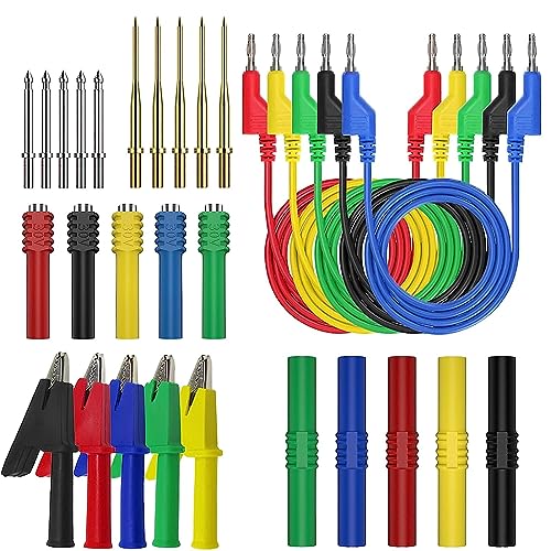 Messleitungen für Multimeter 4mm 5 Farben Bananenstecker Messleitungen Set 30pcs mit Krokodiklemmen Sondenhalter und Verbindungsschlauch usw für Multimeter Spannungsprüfer Strommessgeräte von JTNero