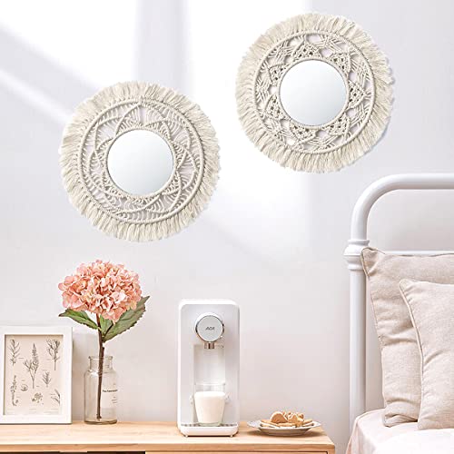 2er-Set Hängender Wandspiegel mit Makramee Fringe, Boho Spiegel Runden Gewebten Wandbehang Deko, Decorative Spiegel Wanddeko für Wohnung, Zuhause, Kinderzimmer, Schlafzimmer, Wohnzimmer, Dekoration von JTOOYS