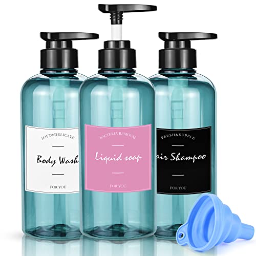 3er Set Seifenspender, 500ml Shampoo Flaschen Pumpspender Shampoo Spender Leere Plastik Seifenspender Flasche mit Etikett & Trichter Nachfüllbarer Flüssigkeitsspender für Dusche, Bad, Küche oder Hotel von JTOOYS