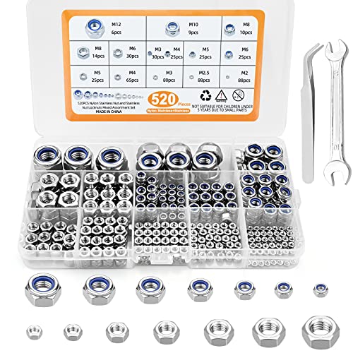 520 Stück DIN985 und DIN934 Sechskantmuttern Sicherungsmuttern Standard A2-70 304 Edelstahl Muttern Sortiment Set Selbstsichernd Stopmuttern Sechskant Schraubenmuttern-M2 M2.5 M3 M4 M5 M6 M8 M10 M12 von JTOOYS