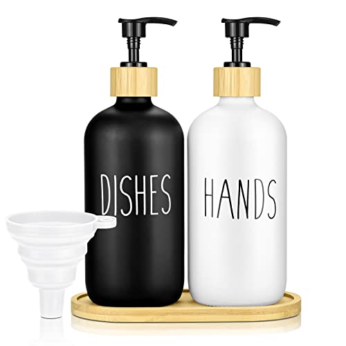 Glas Seifenspender, 500ml Matt Shampoo Spender Flaschen mit Tablett Lotion Handseifenspender Pumpflasche Badezimmer Set Spülmittelspender für Küche Bad Dusche Arbeitsplatte Waschküche - Schwarz + Weiß von JTOOYS