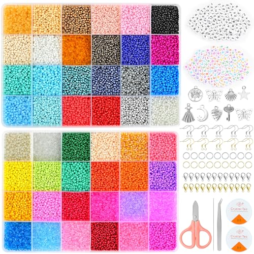 JTOOYS 35000 Stück Glas-Rocailles, 48 Farben mit Buchstabenperlen, 0,5 mm elastische Schnur, 2 mm kleine Rocailles, sortiertes Kit, undurchsichtige Farben für DIY-Armbänder, Halsketten, Schmuckherstel von JTOOYS