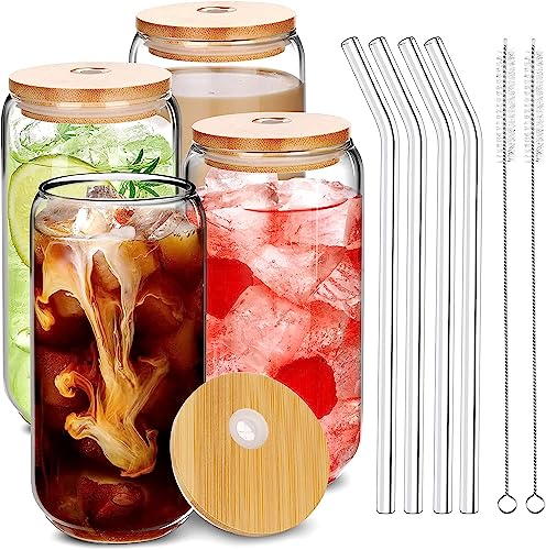 JTOOYS Cocktail Gläser 4er Set, Longdrinkglas mit Deckel Eiskaffee Gläser Wassergläser Bier Glas Trinkglas in Dosenform Bubble Tea Cups Glasbecher Smoothie-Becher für Familie, Camping, Party, Bar von JTOOYS