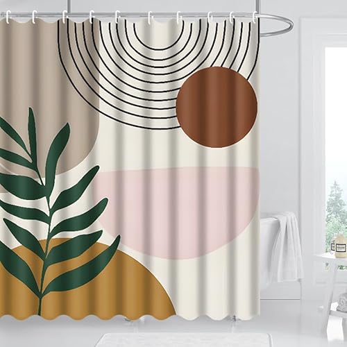 JTOOYS Duschvorhang Boho, 180x180 cm Wasserdich Anti-schimmel Duschvorhänge mit 12 Duschvorhang Haken Modern Abstrakt Kunst Sonne Grün Blätter Linie Waschbar Polyester Textil Duschrollo für Badewanne von JTOOYS