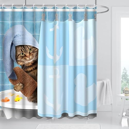 JTOOYS Duschvorhang Katze, 180x180 cm Wasserdich Anti-schimmel Duschvorhänge mit 12 Duschvorhang Haken Blau Lustig Katze Badewanne Duschen Kind Waschbar Polyester Textil Duschrollo für Badewanne von JTOOYS