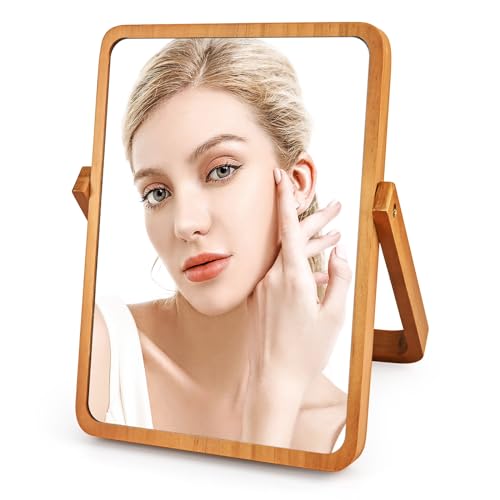 JTOOYS Kosmetikspiegel, Tischspiegel 360 Grad Drehung Schminkspiegel Stehend Holz Makeup Spiegel Rechteckiger Spiegel Tischspiegel für Schminktisch Schreibtisch, Badezimmer, Schlafzimmer von JTOOYS