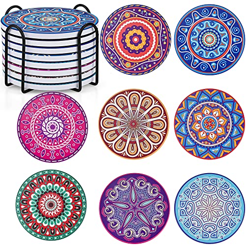Mandala-Untersetzer, 8 Stück, Keramik, runde Getränkeuntersetzer mit Halter, Zuhause, Küche und Bar – 10 cm von JTOOYS
