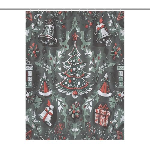 JTREWBV Dicker Badezimmer-Duschvorhang, Gothic-Weihnachtsglocken-Baum-Druck, Stoff-Duschvorhang mit Metallösen und Kunststoffhaken von JTREWBV