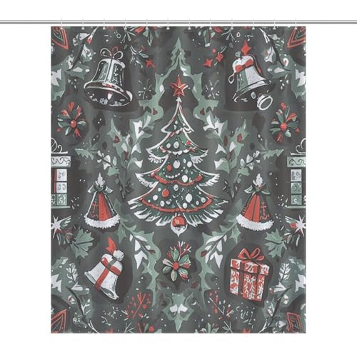 JTREWBV Dicker Badezimmer-Duschvorhang, Gothic-Weihnachtsglocken-Baum-Druck, Stoff-Duschvorhang mit Metallösen und Kunststoffhaken von JTREWBV