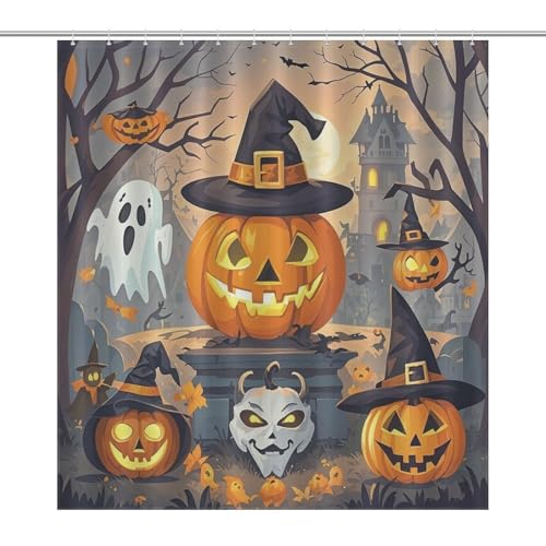 JTREWBV Dicker Badezimmer-Duschvorhang, Halloween-Kürbis-Druck, Stoff-Duschvorhang mit Metallösen und Kunststoffhaken von JTREWBV