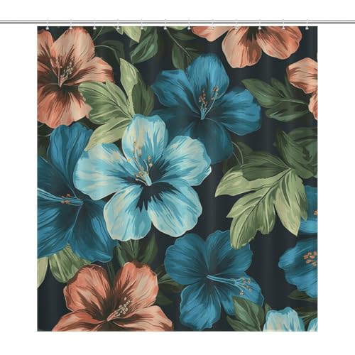 JTREWBV Dicker Badezimmer-Duschvorhang, Hibiskusblumen-Muster, Duschvorhang, Stoff-Duschvorhang mit Metallösen und Kunststoffhaken von JTREWBV