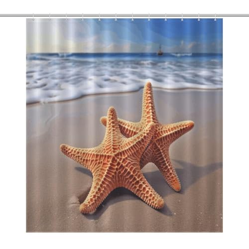 JTREWBV Dicker Badezimmer-Duschvorhang, Motiv: Seestern am Strand, Stoff-Duschvorhang mit Metallösen und Kunststoffhaken von JTREWBV