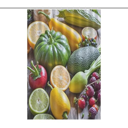 JTREWBV Dicker Badezimmer-Duschvorhang, Motiv: frisches Obst und Gemüse, Stoff-Duschvorhang mit Metallösen und Kunststoffhaken von JTREWBV