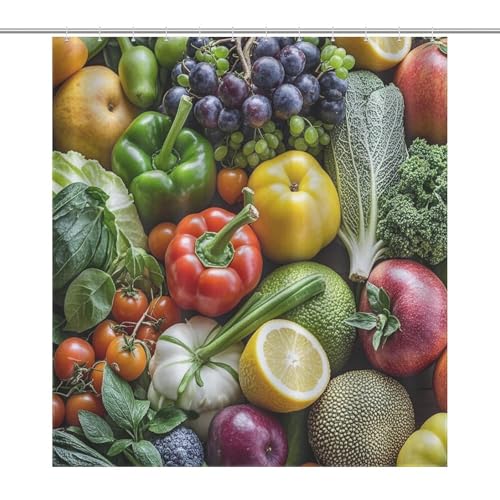 JTREWBV Dicker Badezimmer-Duschvorhang, Motiv: frisches Obst und Gemüse, Stoff-Duschvorhang mit Metallösen und Kunststoffhaken von JTREWBV