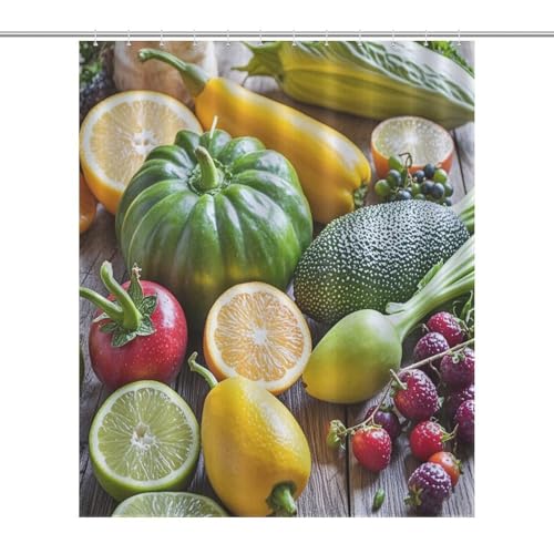 JTREWBV Dicker Badezimmer-Duschvorhang, Motiv: frisches Obst und Gemüse, Stoff-Duschvorhang mit Metallösen und Kunststoffhaken von JTREWBV