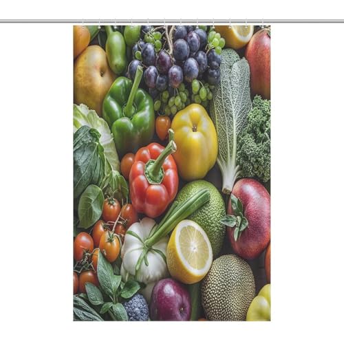 JTREWBV Dicker Badezimmer-Duschvorhang, Motiv: frisches Obst und Gemüse, Stoff-Duschvorhang mit Metallösen und Kunststoffhaken von JTREWBV