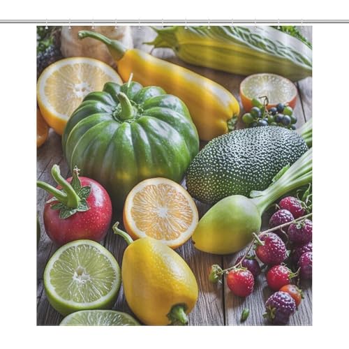 JTREWBV Dicker Badezimmer-Duschvorhang, Motiv: frisches Obst und Gemüse, Stoff-Duschvorhang mit Metallösen und Kunststoffhaken von JTREWBV