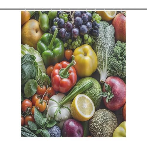 JTREWBV Dicker Badezimmer-Duschvorhang, Motiv: frisches Obst und Gemüse, Stoff-Duschvorhang mit Metallösen und Kunststoffhaken von JTREWBV