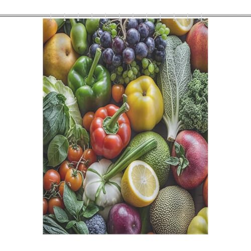 JTREWBV Dicker Badezimmer-Duschvorhang, Motiv: frisches Obst und Gemüse, Stoff-Duschvorhang mit Metallösen und Kunststoffhaken von JTREWBV