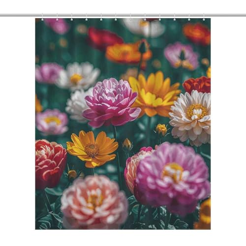 JTREWBV Dicker Badezimmer-Duschvorhang, alle Blumen blühen zusammen, Stoff-Duschvorhang mit Metallösen und Kunststoffhaken von JTREWBV
