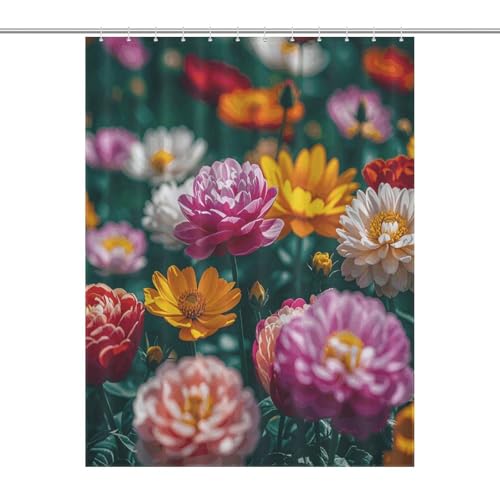 JTREWBV Dicker Badezimmer-Duschvorhang, alle Blumen blühen zusammen, Stoff-Duschvorhang mit Metallösen und Kunststoffhaken von JTREWBV