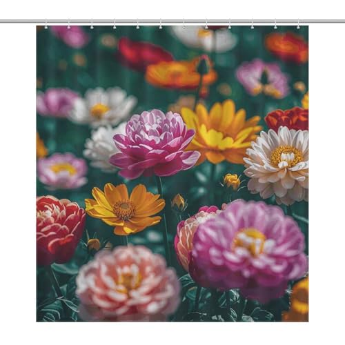 JTREWBV Dicker Badezimmer-Duschvorhang, alle Blumen blühen zusammen, Stoff-Duschvorhang mit Metallösen und Kunststoffhaken von JTREWBV