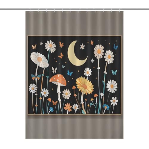 JTREWBV Dicker Badezimmer-Duschvorhang, schwarzer natürlicher Blumen- und Schmetterlings-Druck, Stoff-Duschvorhang mit Metallösen und Kunststoffhaken von JTREWBV