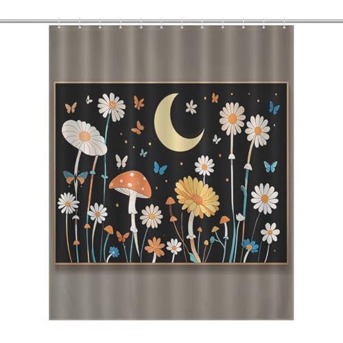 JTREWBV Dicker Badezimmer-Duschvorhang, schwarzer natürlicher Blumen- und Schmetterlings-Druck, Stoff-Duschvorhang mit Metallösen und Kunststoffhaken von JTREWBV
