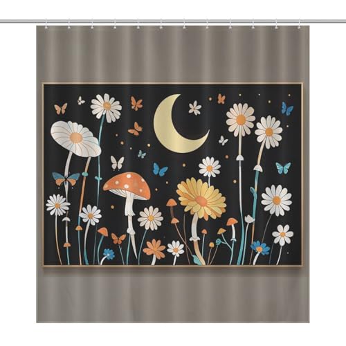 JTREWBV Dicker Badezimmer-Duschvorhang, schwarzer natürlicher Blumen- und Schmetterlings-Druck, Stoff-Duschvorhang mit Metallösen und Kunststoffhaken von JTREWBV