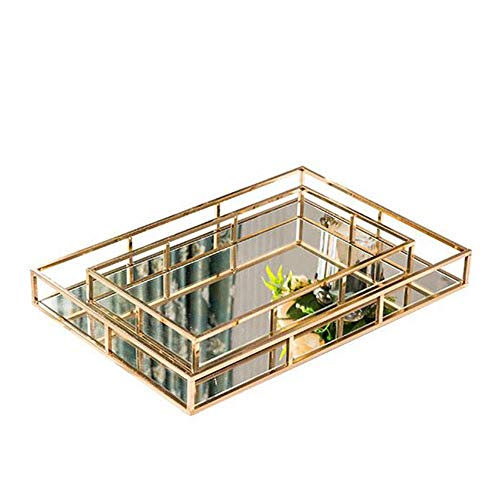 JTRHD Dekoratives Aufbewahrungstablett Home Dekoration Tray Spiegel Glas Metall Kosmetikkasten Goldene Wunderschöne Display-Tablett für Kommode, Theke (Farbe : Gold, Size : 45x30x5cm) von JTRHD