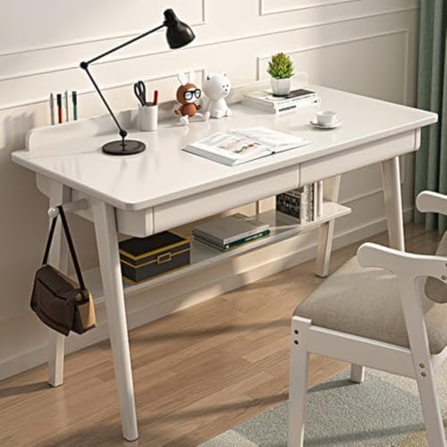 JTSMJQIE Schreibtisch aus Massivholz mit Schubladen, moderner Schreibtisch für Heimbüro, Computertisch mit 2 Schubladen und Ablage, Home-Office-Schreibtisch mit Haken für kleine Räume von JTSMJQIE
