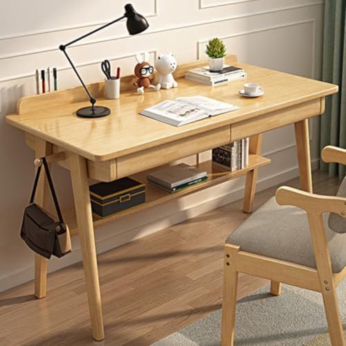 JTSMJQIE Schreibtisch aus Massivholz mit Schubladen, moderner Schreibtisch für Heimbüro, Computertisch mit 2 Schubladen und Ablage, Home-Office-Schreibtisch mit Haken für kleine Räume von JTSMJQIE
