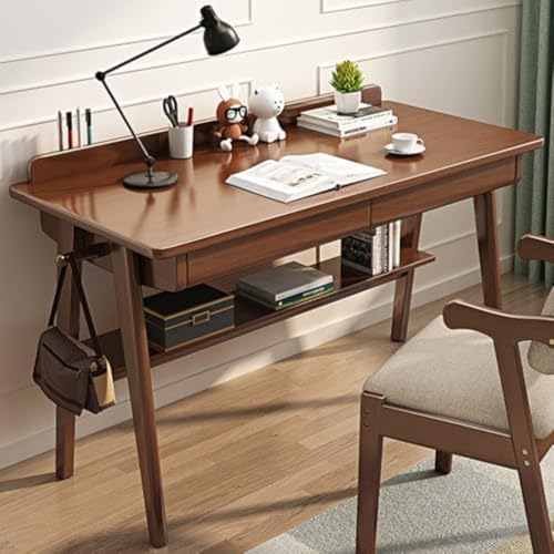 JTSMJQIE Schreibtisch aus Massivholz mit Schubladen, moderner Schreibtisch für Heimbüro, Computertisch mit 2 Schubladen und Ablage, Home-Office-Schreibtisch mit Haken für kleine Räume von JTSMJQIE
