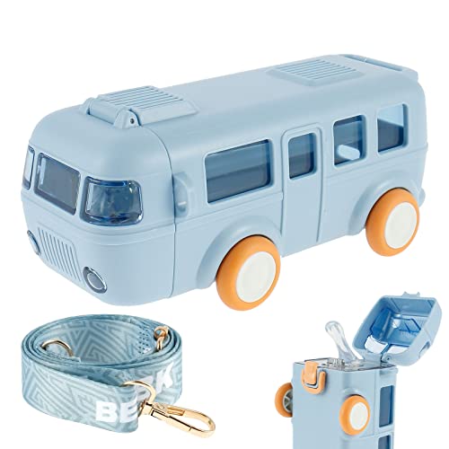 JTWEB Trinkflasche Kinder, Trinkflasche Cartoon Bus Form,Kleiner Auto-Strohhalm-Wasserbecher für Kinder, 500ml-Schulbus-Wasserflasche, tragbare Wasserflasche mit Strohhalm und Riemen (blau) von JTWEB