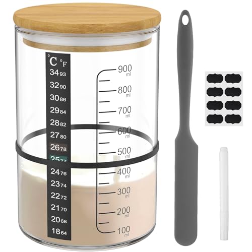 Sourdough Starter Jar Kit, Sauerteig Starterglas Set 730 ml mit Thermometer Papier Markierungspapier Klebeband Silikon Spachtelstoff Abdeckung und Deckel zum Backen von Sauerteigbrot von JTWEB