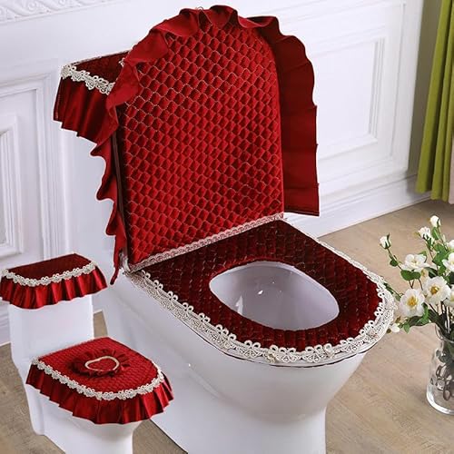 JTZYM 3-teiliges Set mit Toilettenpolstern aus Samt, Toilettendeckel und Tankabdeckungen, Spitzenstoff, Toilettensitzbezüge, Spitzen-Toilettendeckelbezüge von JTZYM