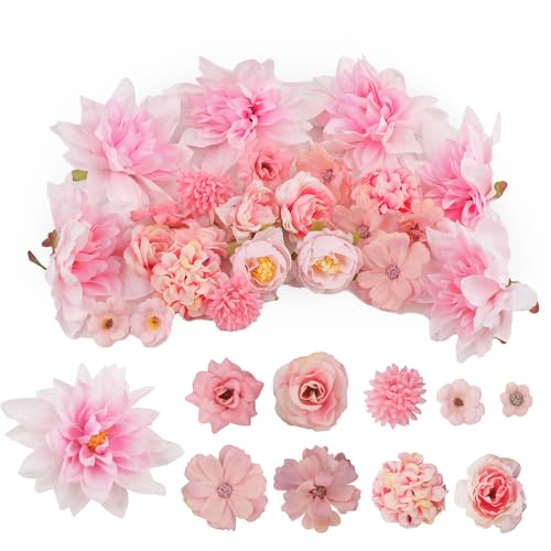 JTgugu 26 Stück Kunstblumen Köpfe 2-10cm Künstliche Blumenköpfe Verschiedene Sorten Blumen Mini Fake Kunstblume Blütenköpfe Künstlich Dekoblumen für DIY Hochzeit Party Tortendeko Handwerk Deko, Rosa von JTgugu