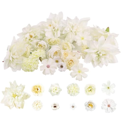 JTgugu 26 Stück Kunstblumen Köpfe 2-10cm Künstliche Blumenköpfe Verschiedene Sorten Blumen Mini Fake Kunstblume Flowers Künstlich Dekoblumen für DIY Hochzeit Party Tortendeko Handwerk Deko, Weiß von JTgugu