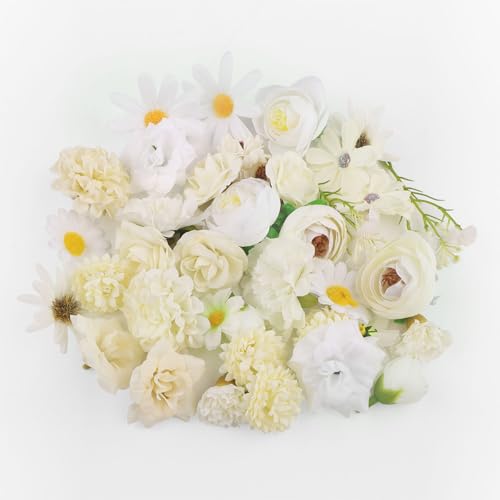 JTgugu 40 Stück Kunstblumen Köpfe Masse 2-6cm Künstliche Blumenköpfe Verschiedene Sorten Blumen Mini Fake Kunstblume Flowers klein Blüten Künstlich Dekoblumen für DIY Tortendeko Handwerk Deko, Weiß von JTgugu