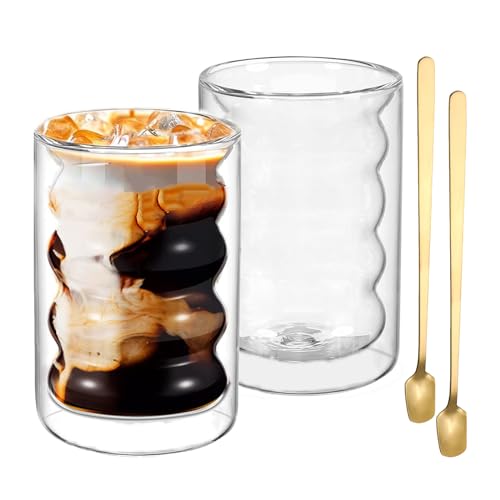 JUAEYIDDS 2er Set Doppelwandig Gläser Latte Macchiato Gläser 350ml Cappuccino Tassen Doppelwandige Kaffeegläser Teegläser aus Borosilikatglas mit 2 Löffeln für Cappuccino Latte Tee EIS Milch Saft von JUAEYIDDS