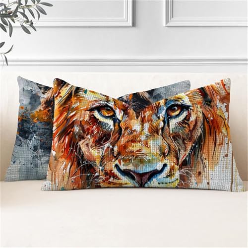 Kissenbezug 40x70 2er Set Outdoor Kissen Löwe Kissenbezüge Wetterfest Tier Rechteckig Leinen Sofakissen mit Verstecktem Reißverschluss Outdoorkissen für Garten Terrassen Bank Balkon Deko Gifts J2-957 von JUAIYOON