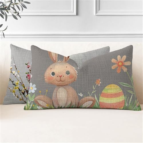 Kissenbezug 60x80 2er Set Outdoor Kissen Kaninchen Kissenbezüge Wetterfest Ostern Rechteckig Leinen Sofakissen mit Verstecktem Reißverschluss Outdoorkissen für Garten Terrassen Bank Balkon Deko J2-877 von JUAIYOON