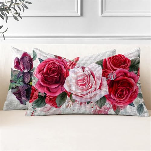 Kissenbezug 60x80 2er Set Outdoor Kissen Rot Kissenbezüge Wetterfest Rose Rechteckig Leinen Sofakissen mit Verstecktem Reißverschluss Outdoorkissen für Garten Terrassen Bank Balkon Deko Gifts J2-907 von JUAIYOON