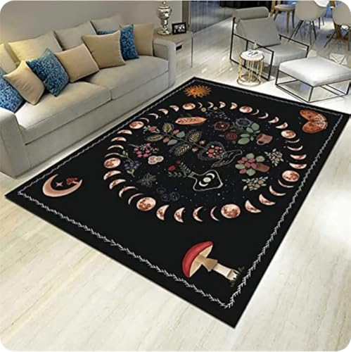 JUANLI Schwarzer Sternenteppich Mit Botanischem Sonnen- Und Mondlicht, Floraler Mondphasenteppich Für Wohnzimmer, Schlafzimmer, Bodenmatte, Fußmatte 80X120CM JUANLI Schwarzer Sternenteppich Mit Botanischem Sonnen- Und Mondlicht, Floraler Mondphasenteppich Für Wohnzimmer, Schlafzimmer, Bodenmatte, Fußmatte 80X120CM von JUANLI