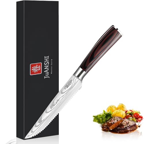 JUANSHI® Steakmesser 11.4 cm – Hoher Kohlenstoffgehalt Edelstahl Steak Messer mit ultrascharfer gezackter Klinge und ergonomischem Holzgriff Wird in einer Geschenkbox geliefert von JUANSHI
