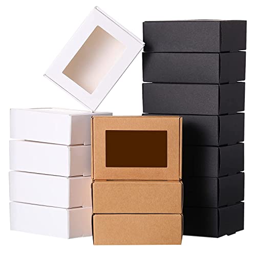 JUATIE 30 StüCk Mini Kraftpapier Verpackung Box mit Fenster, Geschenk Verpackung, Leckerli Box für Seife, Leckereien, BäCkerei, SüßIgkeiten (Schwarz, Weiß) von JUATIE