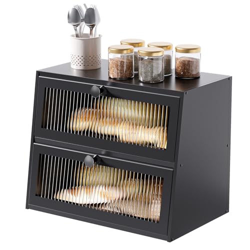 JUATPNIY Brotbox für Küchenarbeitsplatte, extra groß, 2-lagig, Brotkasten, Holz, Bauernhaus, Brotaufbewahrungsbehälter, Brotkasten, Lebensmittel-Organizer, Speisekammer-Regal, Acrylfenster (schwarz) von JUATPNIY